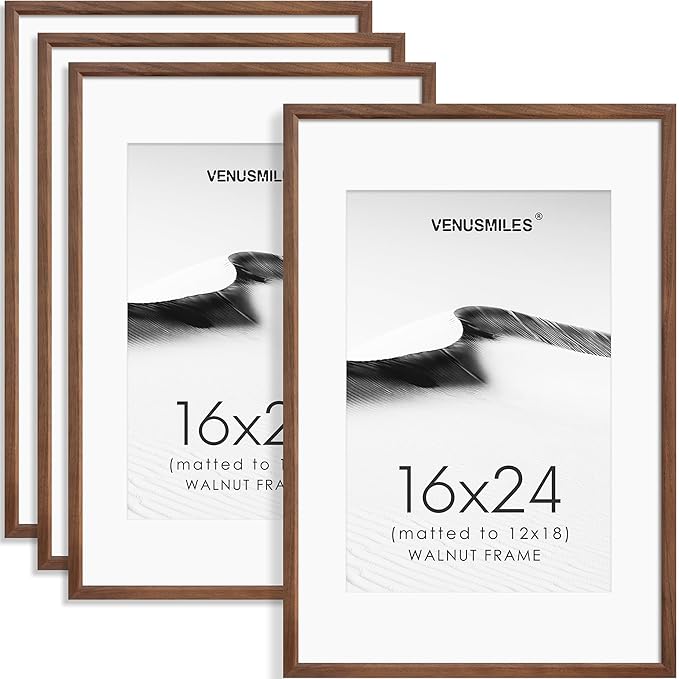 16x24 Poster Frame Set of 4 Natural Solid Walnut Photo Frames with 12x18 Removable Mat Wall Hanging Large Handcrafted Frame with HD Plexiglass Wall and Tabletop Display Large Picture Frame-Ruum Studio Home