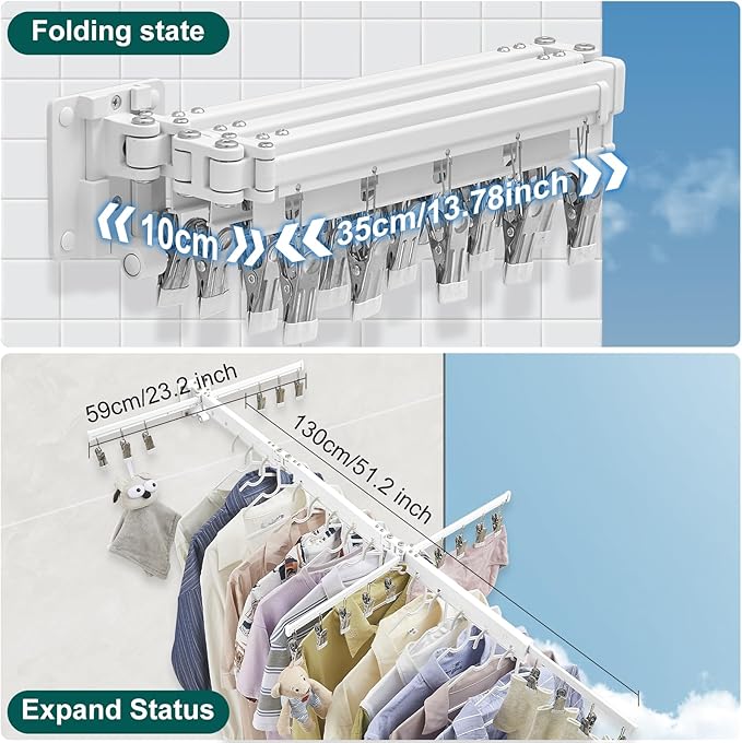 Hoimpro White 51" Clothes Drying Rack Retractable Foldable Wall Mounted, Tri-Fold Space Saving Collapsible for Hanging Clothing Coat, Ideal for Patio, Laundry Room Organization and Storage, Bathroom-Ruum Studio Home