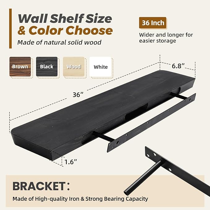 36"x6.8"x1.6" Slanted Floating Wall Shelves 2-Pack - Rustic Black Finish, Heavy-Duty Solid Wood Design with Hidden Brackets - Perfect for Living Room, Kitchen, Bathroom, or Office-Ruum Studio Home