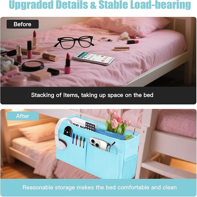 Bedside Caddy Organizer with Fixed Straps, Bunk Bed Caddy ideal for Home, Bunk Bed, Dorm, Hospital, Crib, Versatile Bedside Storage Solution (Blue)-Ruum Studio Home