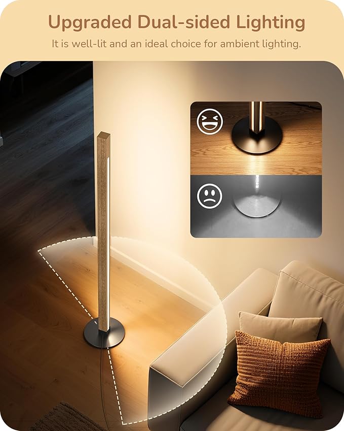 EDISHINE Corner Floor Lamp, Upgraded Dual-Sided Lighting, Wooden Floor Lamps for Living Room, Standing Lamp with Remote/Foot Control, 7CCT & Dimmable Floor Lamp for Bedroom, Office, Natural Wood-Ruum Studio Home