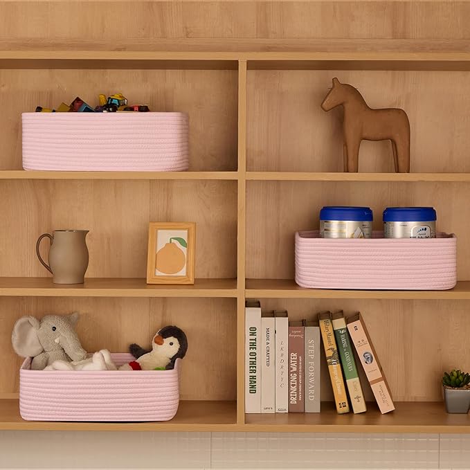 Large Shallow Organizing Baskets 15x11x5.1 Inches - Rope Woven Storage Bins for Bathroom, Shelves, Cube Closet, Light Pink 2 Packs-Ruum Studio Home