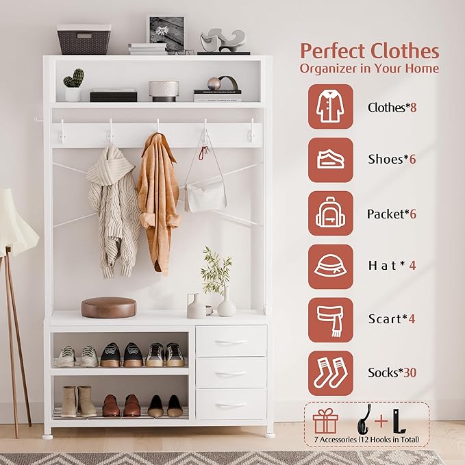 Lulive Hall Tree with Bench and Shoe Storage, 31.5" Coat Rack Freestanding with 2-Tier Storage Shelf, 5-in-1 Entryway Bench Coat Rack with 12 Hooks and 3 Drawers(White)-Ruum Studio Home