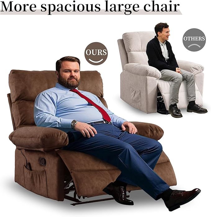 Oversized Power Recliner Chair 350lb with Hidable Cup Holders, Extra Wide Large Big Electric Recliner Chair with Lumbar Support Pillow Nursery Chair Living Room (Manual, BROWN-6002-1)-Ruum Studio Home