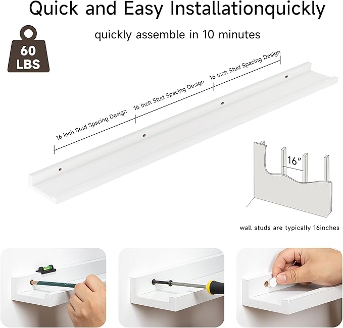 Floating Picture Ledge Shelves for Wall Set of 2, 55 Inches Picture Shelf with Ledge, Nursery Book Shelf for Toys Storage Kids Bookshelf Wall Mounted Living Room Bedroom Decor Frames, White-Ruum Studio Home