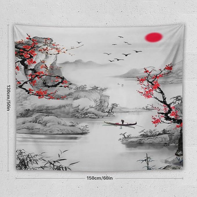 Cherry Blossoms Tapestry,Japanese Red Landscape Watercolor Abstract Art Tapestry,Asian Japanese Wall Tapestry, Nature Landscape Tapestries for Bedroom Living Room Decor 60"x50"-Ruum Studio Home