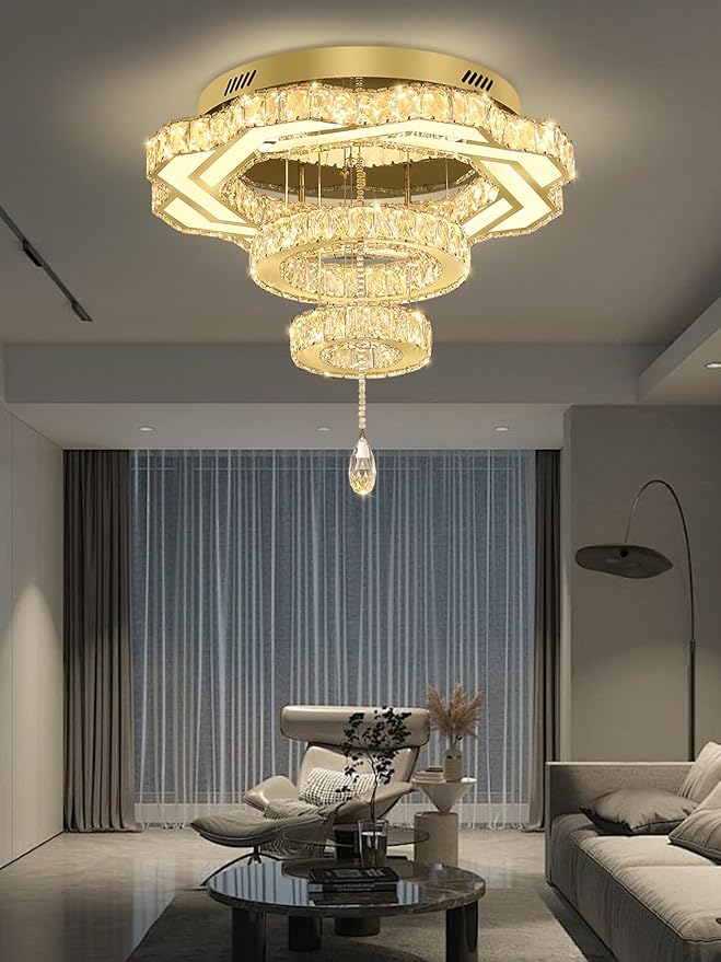 Flashing God Modern Crystal Chandeliers Dia 24" Gold Chandelier Flush Mount Ceiling Light for Bedroom Living Room Dining Room Hallway Dimmable 3 Rings LED Celing Lighting Fixtures-Ruum Studio Home