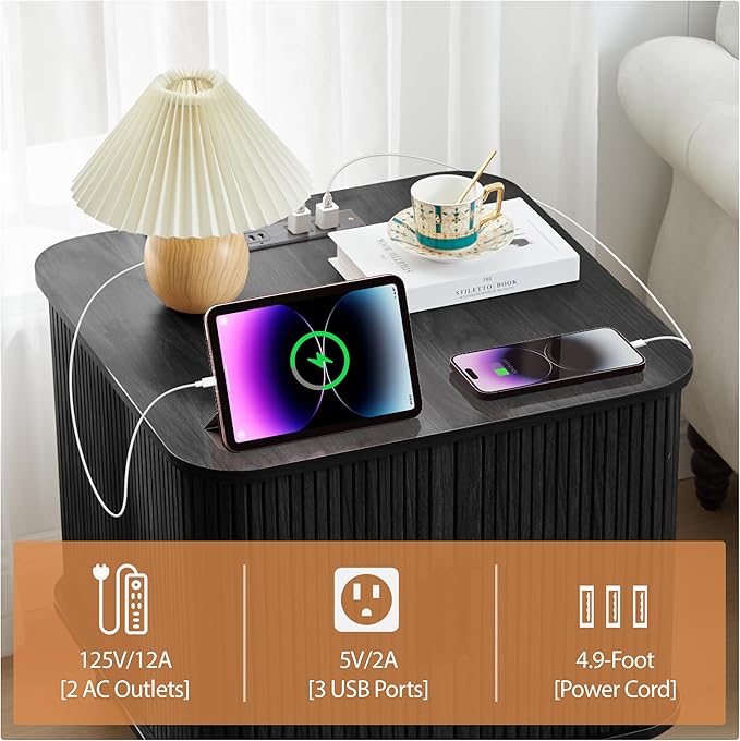 AVZEAR 24" Large Square End Table with Charging Station, Farmhouse Fluted Sofa Side Table with Sliding Tambour Door & Storage, Curved Rustic Wood Nightstand for Living Room, Bedroom, Black-Ruum Studio Home