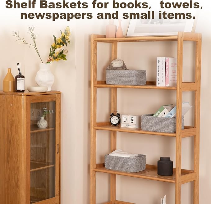 3 Pack Small Storage Baskets for Organizing, Cute Woven Decorative Gift Baskets for Shelves, Mini Closet Organizer Bins with Handles, 11.81''Lx7.87''Wx4.72''H-Grey-Ruum Studio Home