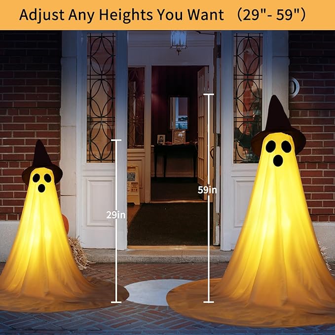 2 Packs Halloween Ghost Outdoor Decorations, 59” Light Up Ghost Decor with Remote Control, Adjustable Height Standing Halloween Lighted Ghost Kit with Witch Hat Ideal for Porch, Garden, Yard-Ruum Studio Home