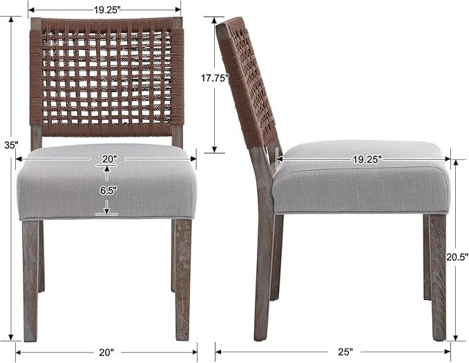 Kmax Farmhouse Dining Chairs Set of 2, Rustic Kitchen Chairs with Linen Fabric Seat and Woven Back, Vintage Accent Chairs for Dining Room, Living Room, Grey-Ruum Studio Home