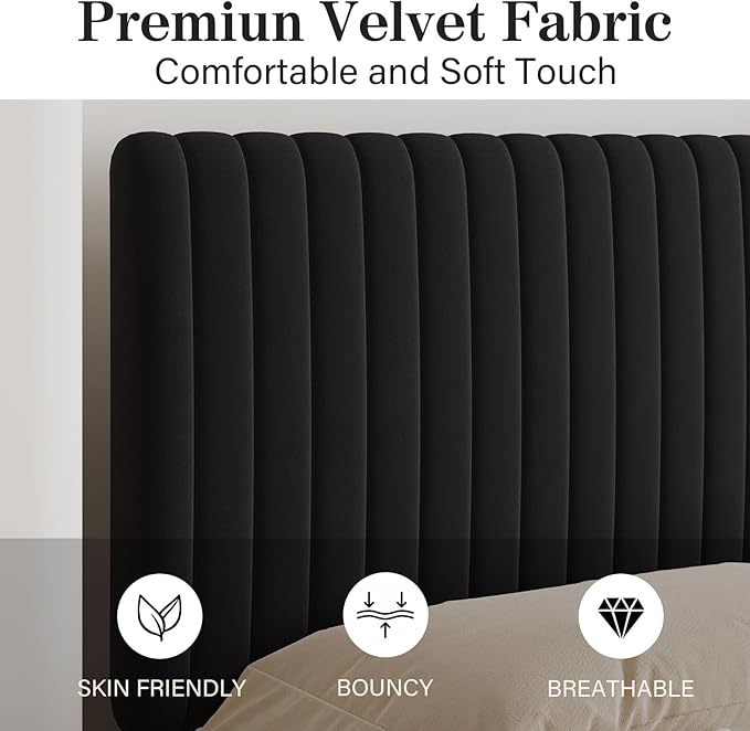Full Size Bed Frame, Velvet Upholstered Platform Bed with Vertical Channel Tufted Headboard and Footboard, No Box Spring Required, Easy Assembly, Black-Ruum Studio Home
