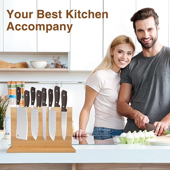 Magnetic Knife Block 28 x 19 Inches, Double Sided Magnetic Knife Holder Rack for Kitchen Counter, Acacia Wood Magnetic Knife Storage Stand with Knife Sharpener-Ruum Studio Home