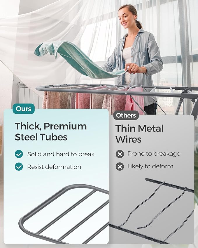 SONGMICS Clothes Drying Rack, Foldable 2-Level Laundry Drying Rack, Free-Standing Laundry Airer, with Height-Adjustable Wings, 33 Drying Rails, Sock Clips, Gray ULLR053G02V1-Ruum Studio Home