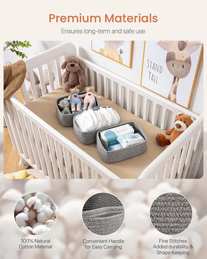 KALLAX Small Woven Basket, 12 x 8 x 4.5 Inches, Storage Basket for Organizing, Cute Small Rope Shelf Closet Cube Storage Bins Baskets for Shelves, Dog Toy Gift Baskets Empty, 3 Packs, Mixed Grey-Ruum Studio Home
