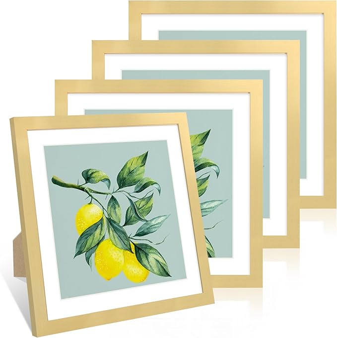 12x12 Picture Frame Set of 4, 12 x 12 Wood Photo Frames with Mat for 10x10 or 30x30cm Diamond Painting Art, Wooden Frame with Real Glass Cover for Wall and Tabletop Display,Gold-Ruum Studio Home