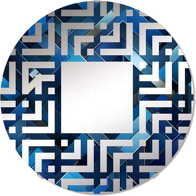 Symmetric Cubes in Deep Cobalt Blue - Geometric Maze - 24 Inches - Round Decorative Wall Mirror for Bathroom, Bedroom, Entryway, Living Room, Vanity Room and Modern Décor-Ruum Studio Home