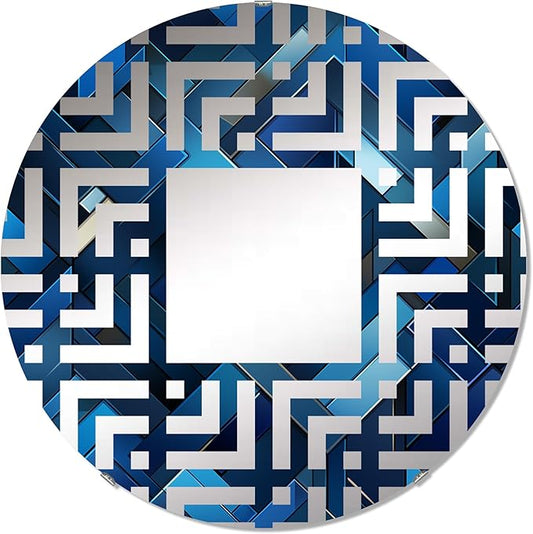 Symmetric Cubes in Deep Cobalt Blue - Geometric Maze - 24 Inches - Round Decorative Wall Mirror for Bathroom, Bedroom, Entryway, Living Room, Vanity Room and Modern Décor-Ruum Studio Home