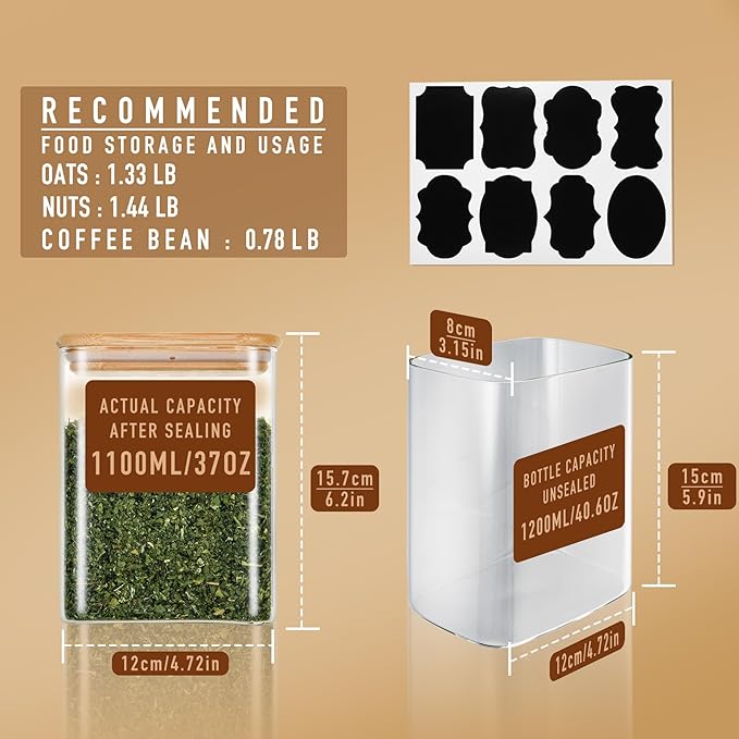37oz Rectangle Airtight Glass Storage Containers with Bamboo Lids (Set of 6), Square Food Storage Jar, Pantry Organizers for Cereal, Nuts, Snacks and Coffee beans (‎with Black Lable)-Ruum Studio Home