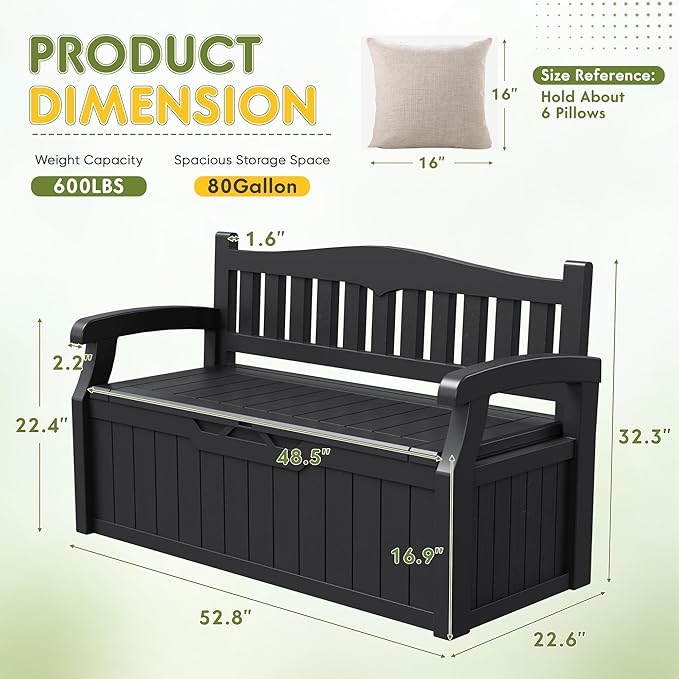 Greesum 80 Gallon Storage Bench Outdoor Deck Box with Armrest, Patio Furniture,Lockable, Waterproof and UV Resistant, Suitable for Garden, Pool, Black-Ruum Studio Home