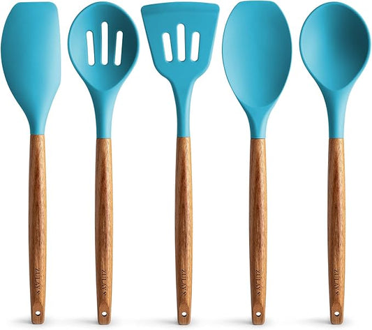 Zulay Kitchen Non-Stick Cooking Utensils Set with Authentic Acacia Wood Handles – 5-Piece Durable & Stylish Silicone Kitchen Utensils Set – Heat Resistant to 464°F – Blue-Ruum Studio Home
