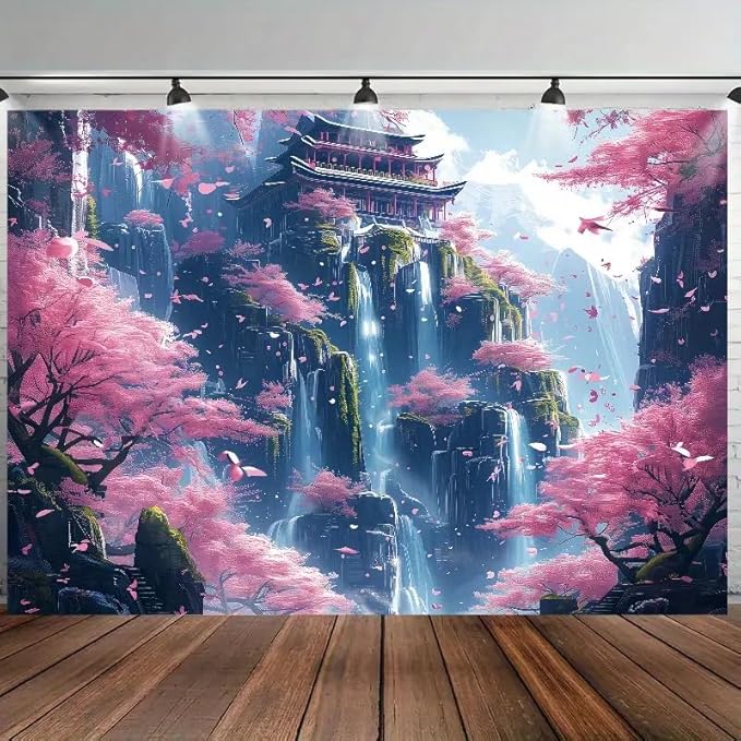 FENDROM Japanese Aesthetic Pink Cherry Blossom Tree Tapestry Building On Mountains Waterfall River Fairytale World Asian Art Tapestry for Bedroom Living Room-Ruum Studio Home