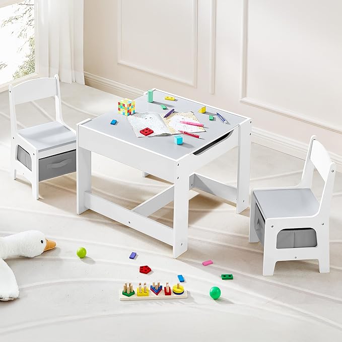 Kids Table and Chair Set, 3 in 1 Wooden Activity Table with Detachable Tabletop, Toddler Table and Chair Set with Storage Drawer, Kids Play Table for Children Art, Craft, Eating, Learning-Ruum Studio Home