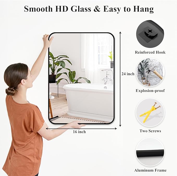 Fabuday Small Black Bathrrom Mirror for Over Sink - 16x24 Framed Rectangle Wall Mirror, Matte Metal Rectangular Vanity Mirrors for Bedroom, Living Room, Entryway, Hallway, Horizontally/Vertically-Ruum Studio Home