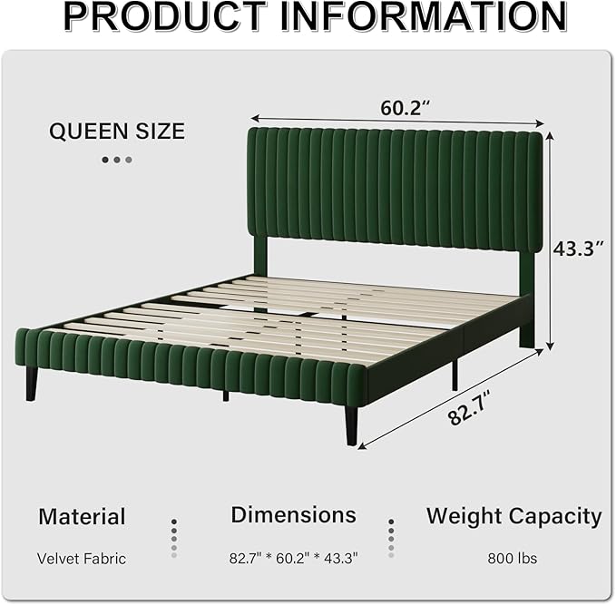 Queen Size Bed Frame, Velvet Upholstered Platform Bed with Vertical Channel Tufted Headboard and Footboard, No Box Spring Required, Easy Assembly, Green-Ruum Studio Home