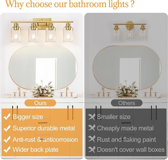 4-Light Vanity Lights with Clear Glass Shades, Brushed Gold Bathroom Light Fixtures Over Mirror, Modern Bathroom Wall Lamp for Mirror Living Room Cabinet Bedroom Porch-Ruum Studio Home