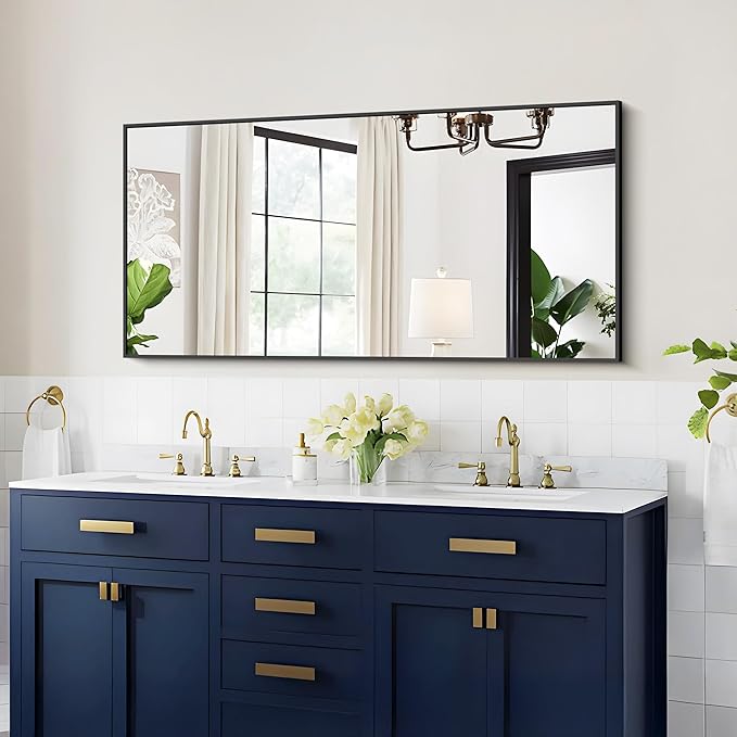 48x24In Black Bathroom Mirror for Wall, Rectangle Mirrors with Metal Frame, Bathroom Rectangular Mirror Modern Wall Mirror for Bedroom Living Room, Entryway Hangs Horizontal or Vertical-Ruum Studio Home