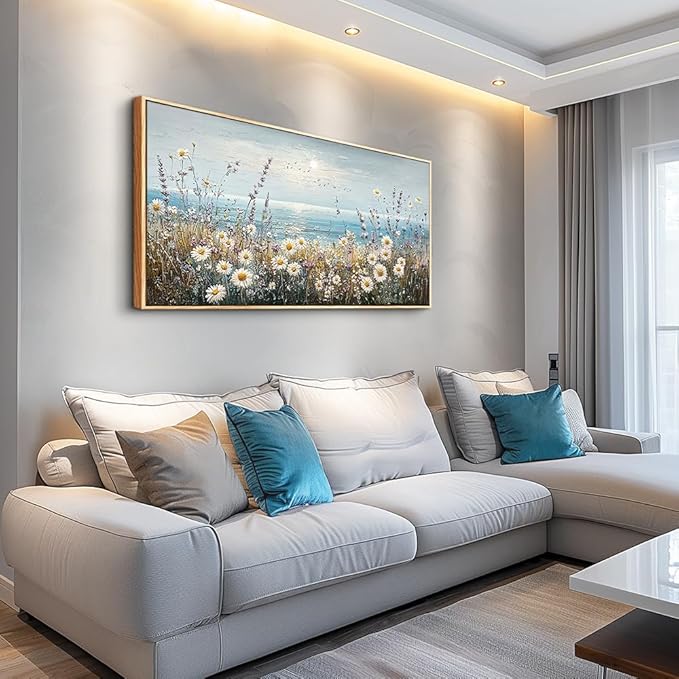 PHAOHUAXM Large Canvas Wall Decoration For Living Room Wall Art For Bedroom Office Decorations Blue Ocean Paintings Flowers Watercolour Wall Pictures Canvas Artworks Home Decor Wood Framed 24x48 In-Ruum Studio Home