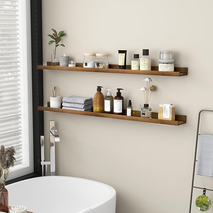 Picture Ledge Wall Shelves 48 inch Width Set of 2, Solid Pine Wood Rustic Floating Ledge Shelves for Wall for Kids' Room Bedroom Kitchen Bathroom Living Room Nursery Display Wall Decor, Walnut-Ruum Studio Home