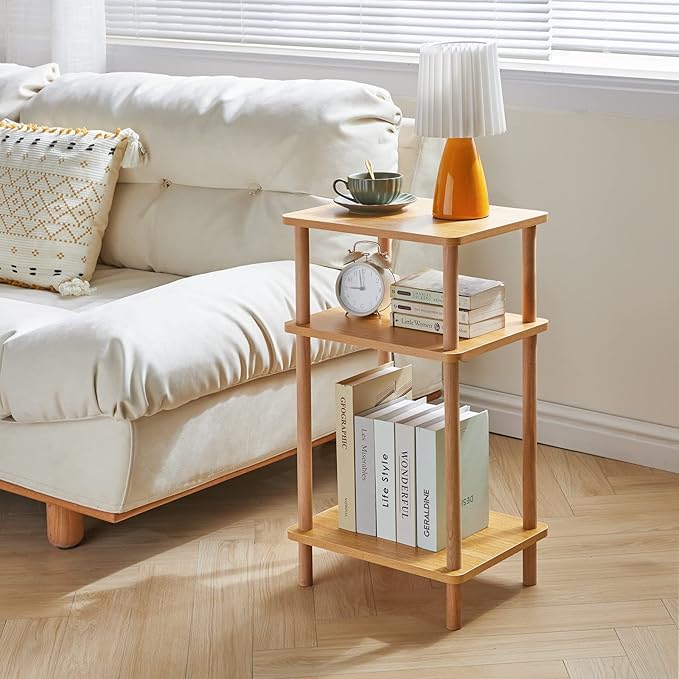 IBUYKE 3-Tier Side Table, Solid Wood Tall End Table with Storage Shelves, Nightstand Bedside Table for Living Room Bedroom Office, No-Tool Assembly, Natural UWST003N-Ruum Studio Home