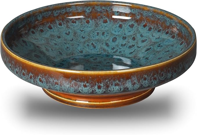 Ceramic Fruit Bowl for Kitchen Counter,Decorative Pedestal Bowl for Table Countertop,Large Footed Serving Bowl,10.2 Inch (peacock Green)-Ruum Studio Home