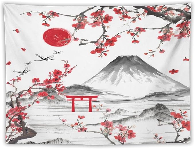 Red Cherry Blossoms Tapestry, Japanese Fuji Mountain Tapestry, Asian Japanese Wall Tapestry, Nature Landscape Tapestries for Bedroom Living Room Decor 90"x60"-Ruum Studio Home
