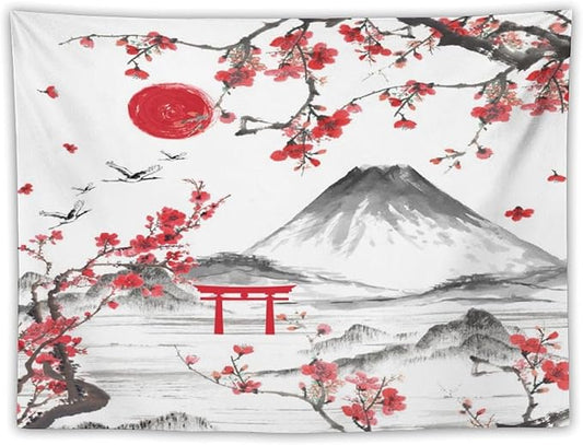Red Cherry Blossoms Tapestry, Japanese Fuji Mountain Tapestry, Asian Japanese Wall Tapestry, Nature Landscape Tapestries for Bedroom Living Room Decor 60"x40"-Ruum Studio Home