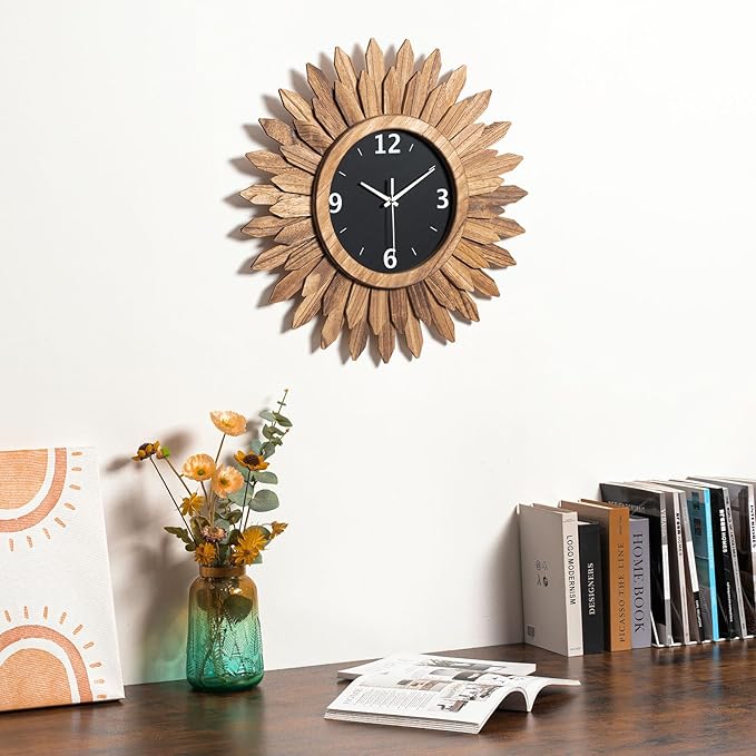 Honiway Large Wall Clock Battery Operated 21 in Rustic Wood Boho Sunburst Decorative Wall Clock Silent Non Ticking Farmhouse Wall Clocks for Living Room Bedroom Kitchen Bathroom Decor (Rustic Brown)-Ruum Studio Home