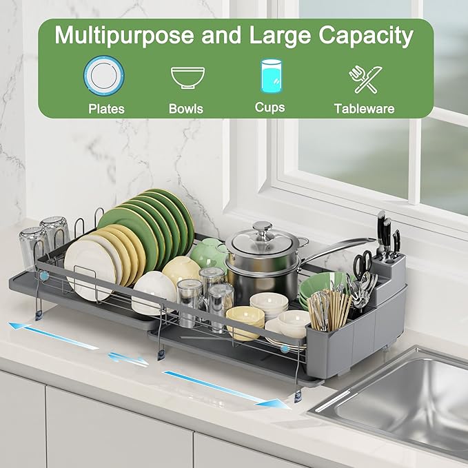 ROTTOGOON Expandable Dish Drying Rack,Multifunctional Adjustable Dish Drainer with Swivel Spout and Anti-Rust Dish Rack with Removable Cutlery & Cup Holders for Kitchen Counter,Dark Grey-Ruum Studio Home