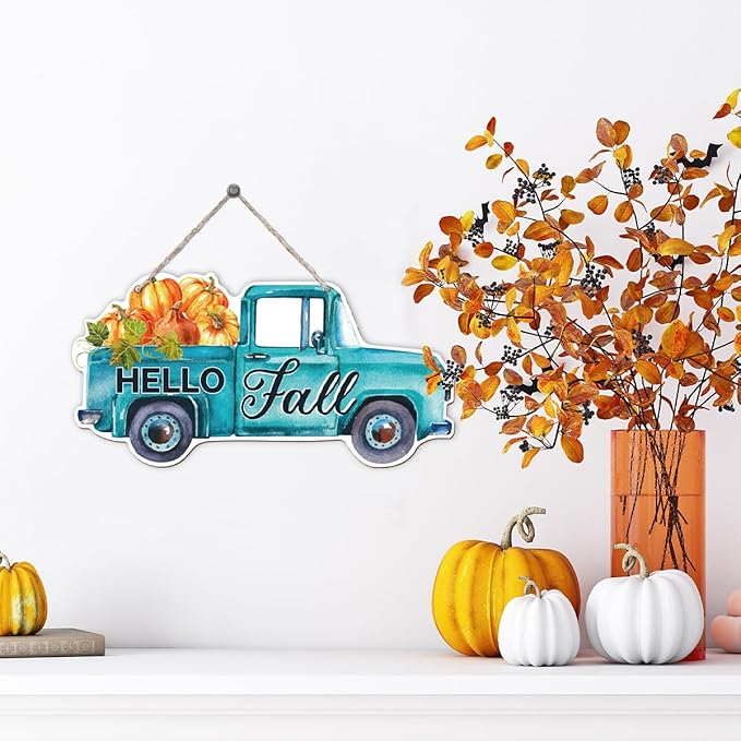Fall Door Hanger - Pumpkin Welcome Sign, Hello Fall Wood Hanging Decors, Rustic Thanksgiving Decorative for Porch, Indoor Outdoor Autumn Door Decor(Truck), Housewarming Gift, Home Indoor Outdoor Deco-Ruum Studio Home