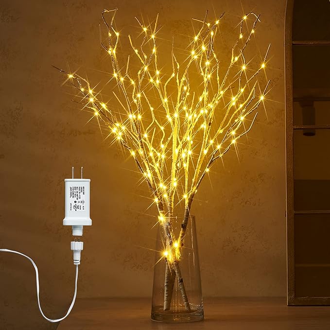 Fudios Lighted Branches 150 LED Fairy Lights with Timer 32in Plug in, Electric Lit White Birch Twigs for Vase Christmas Inside Outside Decor 1 Set-Ruum Studio Home