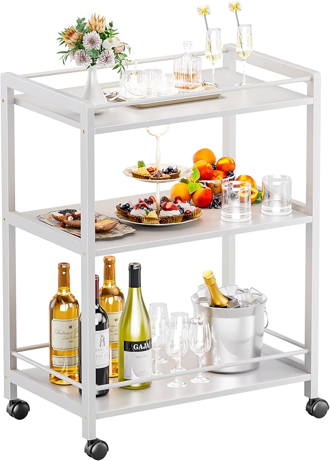HITNET White Bar Cart, Home Bar Serving Cart, Kitchen Trolley on Wheels with Storage, 3 Tier Rolling Beverage Cart for Living Room Kitchen Home Office-Ruum Studio Home