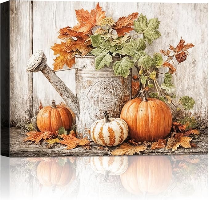 Autumn Pumpkin and Watering Can Canvas Wall Art, Rustic Fall Leaves Print Farmhouse Picture for Thanksgiving Decorations, Fall Wall Art Decor Ready to Hang-Ruum Studio Home