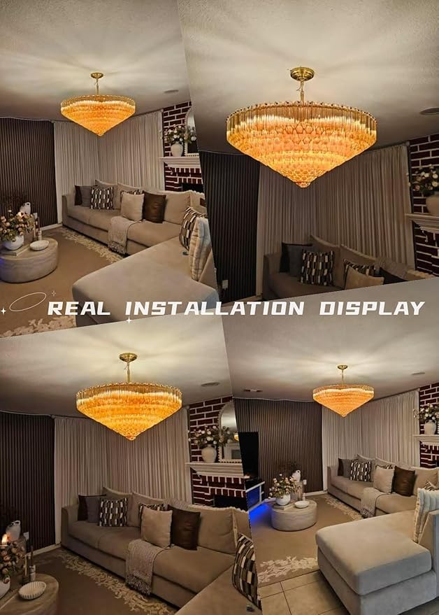 Modern Amber Glass Chandelier, 14" Round Crystal Dining Room Pendant Light Chandelier, Luxury Brass Hanging Fixture for Bedroom, Gold Kitchen Island Light, Dimmable Small Ceiling Lighting Chandeliers-Ruum Studio Home