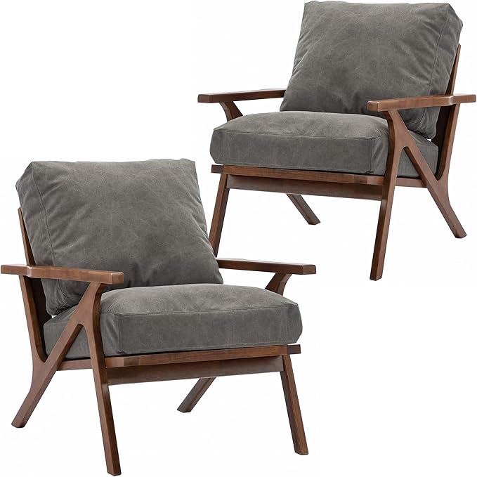 Wahson Set of 2 Mid Century Chair, Retro Upholstered Accent Armchairs, with Wood Frame and Removable Canvas Cushions, Large Leisure Slipper Chair for Living Room/Bedroom, Grey-Ruum Studio Home