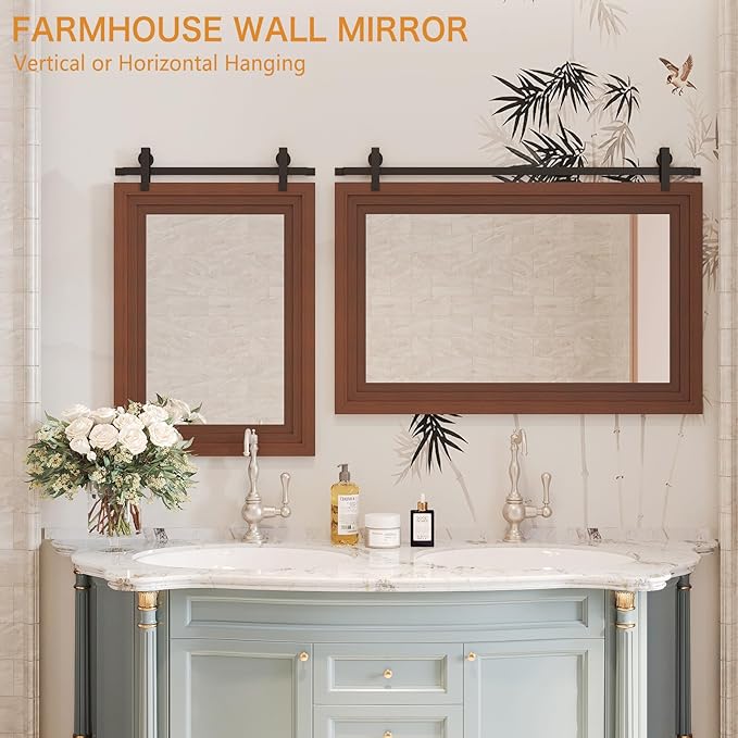 ALBAD Farmhouse Wood Framed Wall Mirror, Natural Wood and Framed Wall Mounted Bathroom Vanity Mirror for Farmhouse Decor, Vertical or Horizontal Hanging-Ruum Studio Home