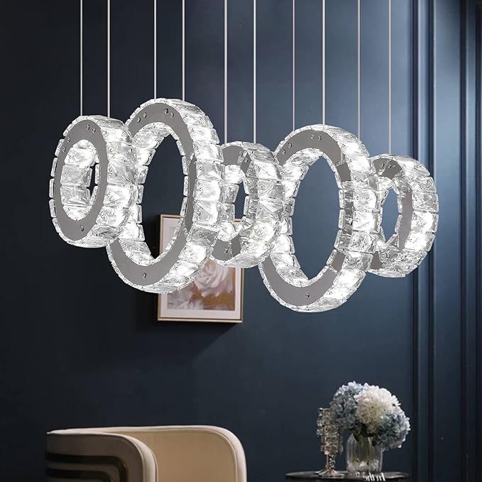 Buccleuch Modern Crystal Chandelier, Dimmable LED Ceiling Light Fixture 5-Ring Adjustable Stainless Steel Pendant Light, Silver Crystal Chandeliers for Dining Room, Bedroom, Living Room - Cool White-Ruum Studio Home
