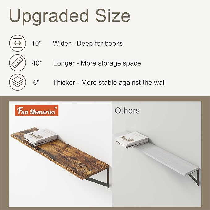 Fun Memories 40 Inch Floating Shelves, 10 Inch Deep Wall Shelf, 40 x 10 Floating Shelf Set of 2, Wood Floating Shelf Wall Mounted, Large Kitchen Living Room Bedroom Storage Shelves, Rustic Brown-Ruum Studio Home