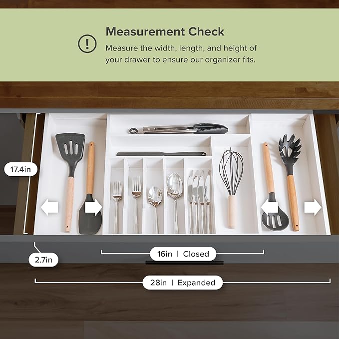 Premium Silverware, Flatware and Utensil Organizer for Kitchen Drawers, Food-Safe Contract Grade, Expandable from 16 to 28 In, White Bamboo-Ruum Studio Home