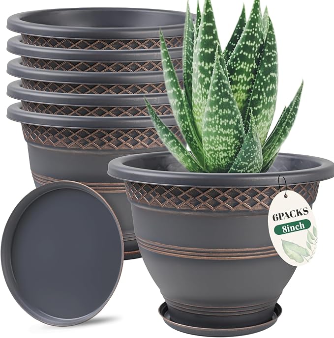 6 Pack 8 Inch Plant Pots, Plastic Flower Pot for Indoor & Outdoor with Drainage Holes & Saucer, Plaid Pattern Planters Garden Pots for Herbs-Ruum Studio Home